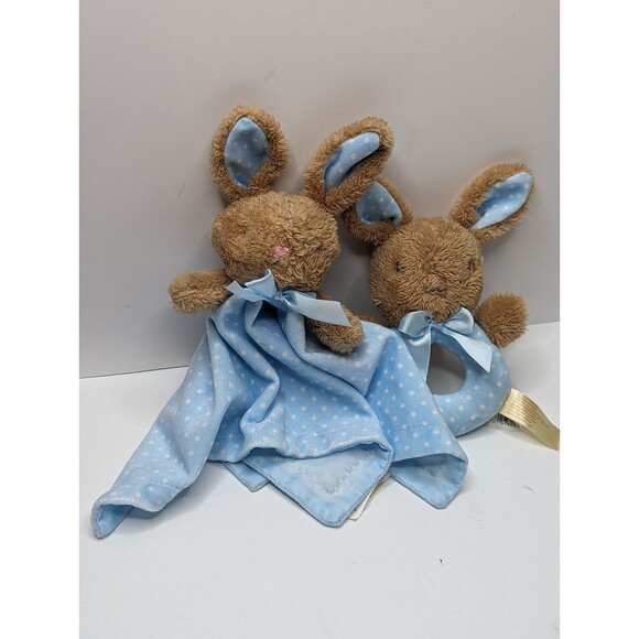 🍁 3/$20 Bunnies By The Bay Bunny Rabbit Lovey Rattle Set Security Blue Plush - Picture 1 of 8